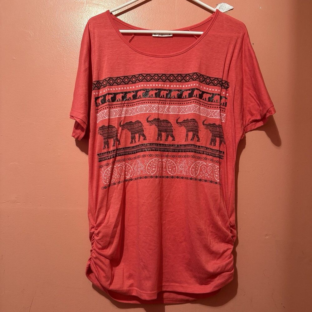 Agenda Womens TShirt L Large Orange Red Elephant Short Sleeve Tee Shirt
